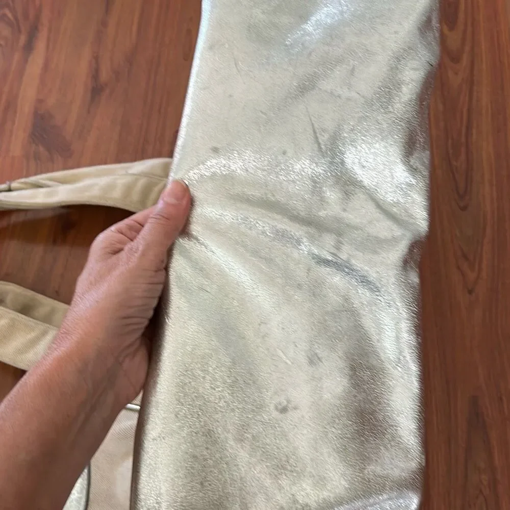 Tory Burch canvas and silver leather large tote bag